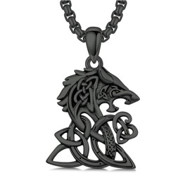 PROESS Celtic Knot Necklace 925 Sterling Silver Black Viking Wolf Necklace Celtic Trinity Knot Pendant Jewelry for Men Women