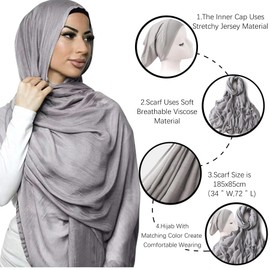 Faticinfa - Juego de gorro de hiyab de viscosa con color maching, hiyab de algodón con bufanda interior de moda, Gris, 185x85CM