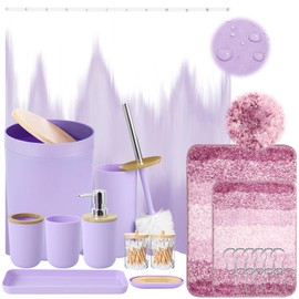 iMucci Bathroom Accessories Light Purple Bathroom Sets with Shower Curtain and Rug, Light Purple Ombre Waterproof Shower Curtain with Ultra Absorbent Rug Bathroom Accessories Set for Home