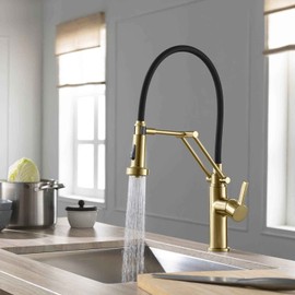 KIBI Engel Single Handle Pull Down Faucet for Kitchen Sink | Solid Brass High Arc Faucet Spout | Kitchen Faucet with Pull Down Sprayer (Brushed Gold) (KKF2014)