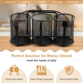 DTICON Metal Utensil Caddy Silverware Organizer, Paper Plate Holder Cutlery Container, Flatware Spoon Fork Storage for Outdoor Party Camping Picnic Buffet RV BBQ Farmhouse Kitchen Countertop (Black)