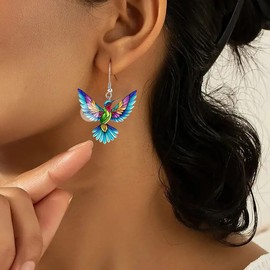 Hummingbird Earrings, 925 Sterling Silver Bird Earrings for Women Hypoallergenic 2D Acrylic Dangling Novelty Fun Blue Colorful Cute Humming Bird Drop Dangle Jewelry