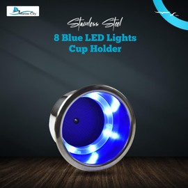 MARINE CITY 8 Blue LED Lights Cup Holder with Drain – 304 Stainless Steel, Corrosion-Resistant, Easy to Install for Boats, Yachts, Ships, Kayaks (Pack of 2)