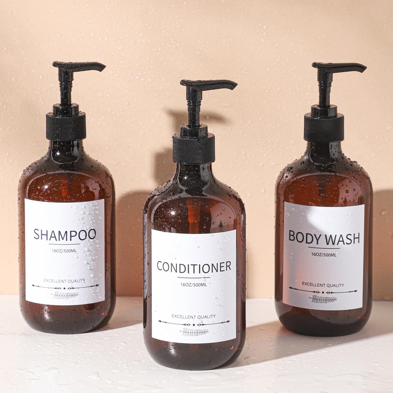 Stylish Shampoo Bottles Refillable with Pump,(5Pack) Amber Shampoo and Conditioner