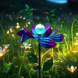 Qobumy Solar Hummingbird Wind Spinners,Metal Solar Lotus Flower Path Lights Garden Stake,Windmill LED Color-Changing Globe Yard Art Decoration, Lawn Decor Outdoor Wind Sculpture for Patio,Balcony,Yard