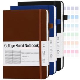 CRONELYSIA A5 Lined Journal Notebooks for Work, 192 Pages, Medium 5.7 x 8.3inch, College Ruled, Vegan Leather Hardcover Journals for Women Men,3 Pack,Black-Brown-Navy Blue