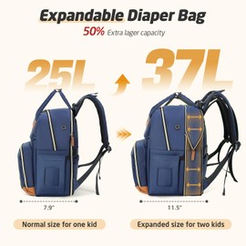 Tonyeee Diaper Bag Backpack - Extra Large Diaper Bag for 2 Kids Twin, Travel Baby Bags for Mom Dad 25-37L Expandable with Changing Pad Earphone Hole, Solid Blue