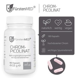 FürstenMED® Chrome Capsules Made of Chromium Picolinate (Chrome Picolinate) - Essential Trace Element with 200 mcg - 180 Vegan Capsules - No Tablets