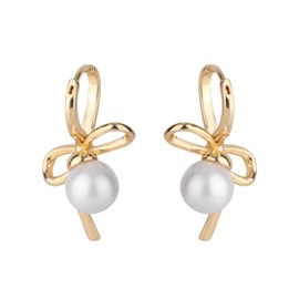 Bow Earrings, Golden Bow Earrings with Pearl Band, Earrings, Bow Stud Earrings, Dainty Pearl Bow Earrings for Women, Fashionable Earrings Jewellery, Brass, No Gemstone