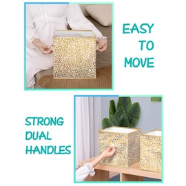 DAMAHOME Collapsible Storage Cube Bins, Foldable 11 Inch Cube Storage Bins with Dual Handles and Tags, 4-Pack Fabric Storage Cubes for Shelves, Closet, Nursery, Toys, Gold Leopard