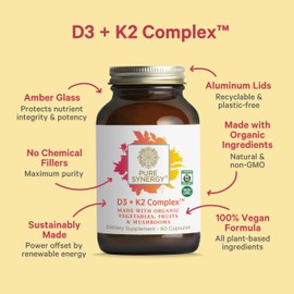 PURE SYNERGY PURE SYNERGY D3 + K2 Complex | Vegan Vitamin D3 K2 Complex | Organic D3 Supplement with Vitamin K2 and K1 Plus Organic Whole Foods | Supports Bone, Brain, and Immune Health (60 Capsules)