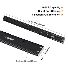 LONTAN 20 Inch Soft Close Drawer Slides 2 Pair Heavy Duty Full Extension Ball Bearing Drawer Rails Side Mount Black Meatal Dresser Glides 100LB Capacity