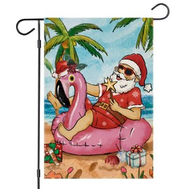 EKOREST Christmas in July Garden Flags 12x18 Inch Double Sided, Xmas Santa Claus on the Beach Small Seasonal Decoration for Holiday Summer Winter Yard Outside Outdoor