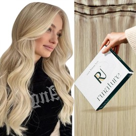 RUNATURE Weft Hair Extensions Human Hair Blonde Ombre Ash Sew in Real Hair Extensions Balayage 16 Inch 100 Gram