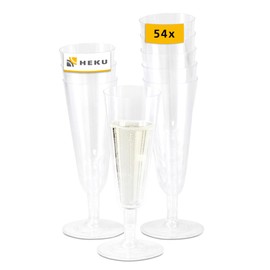 Heku Plastic Champagne Glasses, Pack of 54, 100 ml, Clear, Dessert Glasses, Plastic, Removable Base and Reusable, Champagne Glasses, Party Accessories, for Weddings, Christenings & Parties