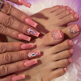 48Pcs French tips Press on Toenails Orange Press on Nails Long Square Fake Nails with Design Diamond Glue on Nails Rhinestone False Nails Glossy Reusable Summer Nails Toenails for Women Manicure