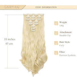 Gairyan Clip-In Hair Extensions, Synthetic Hair Pieces, Hair Extensions, Clips, 45 cm, Curly Wavy Long Synthetic Hair for Women (Bleached Blonde)