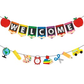 2Pcs Welcome Banner Classroom Banner Decorations, Back To School Decorations Cute Stationery Patterns Banners School Decoration First Day of School Banners