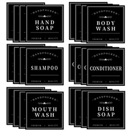 HVSWLY Waterproof Soap Labels for Bottles, Mouthwash Dispenser Label for Bathroom, Removable Self-Adhesive Stickers for Hand Soap, Dish Soap, Shampoo, Conditioner, Body Wash (24PCS,Black)
