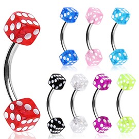 316L Surgical Steel Curved Barbell/Eyebrow Ring with UV Coated Acrylic Dice Balls (Red)