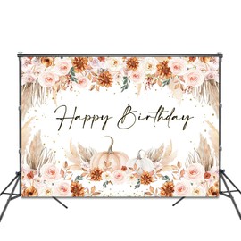 Fitumiw Pumpkin Birthday Backdrop 7x5ft Fall Pumpkins Boho Floral Happy Birthday Background Party Decorations Thanksgiving Autumn Leaves Pampas Grass Banner Photo Booth Props