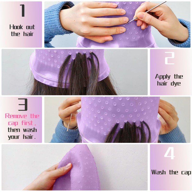 Punched Hole Silicone Highlight Hair Cap with Needle and Hair