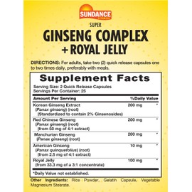 Sundance Super Ginseng Complex | with Royal Jelly | 50 Quick Release Capsules | Non-GMO and Gluten Free Traditional Herb Supplement
