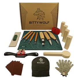 BittyWolf Wood Carving Kit , 24Pcs, Whittling Kit for Beginners, Knife Set with Cut Resistant Gloves, Wooden Blocks, Knife Sharpener and Hand Planer