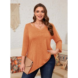 Amrto Plus Size Womens Tshirts Cotton Loose Fit Fall Tunic Tops with Leggings V Neck 3/4 Sleeve Flowy Soft Curved Hem Casual Clothing Layered 2025 Fashion Daily Outfit Travel, Caramel, 5XL