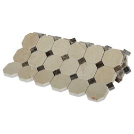 Tenedos Crema Marfil 2 Inch Octagon Pattern with Dark Emperador Dots Marble Tile Mosaics for Floor and Wall, Bathroom and Kitchen Walls, Backsplashes - 5 Sheet Set - 5 Sqft