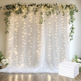 Xiomot Tulle Backdrop Curtain with Lights String 30 X 10FT White Sheer Tulle Backdrop Curtains for Wedding Birthday Party Reception Photo Booth Background Decorations (6 Panels 5x10FT)