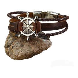 Jextech Pulsera De Timón De Acero Cuerda Cuero Genuino Vintage Retro