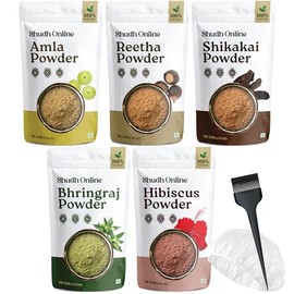 Combo de Polvo de Mascarilla Capilar Herbal Shudh Online, Polvo Herbal Ayurvédico Indio para el Crecimiento del Cabello (250g, 8.8oz), Bhringraj, Hibisco, Shikakai, Reetha, Amla Champú (49.9g cada uno