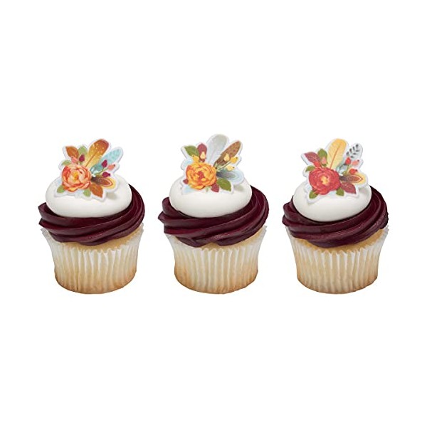 24 adornos para cupcakes con flores y plumas de otoño