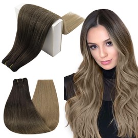 RUNATURE Sew in Hair Extensions Real Human Hair Balayage Dark Brown Rooted Fading to Chestnut Brown to Ash Blonde Sew in Weft Hair Extensions Ombre Human Hair Weft 12 Inch 70g
