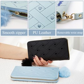 AdiStylinno Purses for Women, Large Capacity Zip Around Purse Leather Wallet Ladies Fashion Card Holder Clutch Purse with Detachable Wrist Strap and Cute Pompom (Blue)