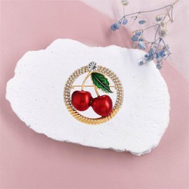 coadipress Cherry Brooch Pin for Women Rhinestone Crystal Red Cherry Fruit Green Leaf Brooches Lapel Pins Cute Dainty Dress Accessories Jewelry for Hat Bag Suit Tie ﻿ (Circle 1 Leaf)