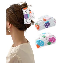 WELROG 2Pcs Larger Crochet Hair Claw Clips - Knitted Strawberry Hair Clips for Women Girls Non-Slip Jaw Clips