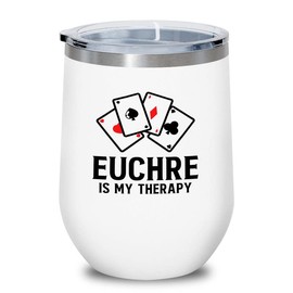 Flairy Land Euchre White Wine Tumbler 12oz - Euchre is my therapy - Euchre Card Game Set Euchre Score Keepers Euchre Gifts Euchre Party Supplies