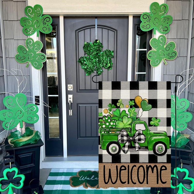 CROWNED BEAUTY St Patricks Day Shamrocks Truck Garden Flag 12x18