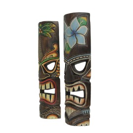 Things2Die4 Set of 2 Hand Crafted Wooden 20 Inch Tiki Wall Masks Palm Tree and Plumeria Flower Designs, Multicolored