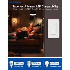 ELEGRP Digital Dimmer Light Switch, Companion Multi-Location Dimmer for 150W Dimmable LED/CFL Lights, Wall Plate Included, Not for Standalone Use, No Neutral Wire Required, ETL Listed, 1 Pack, White