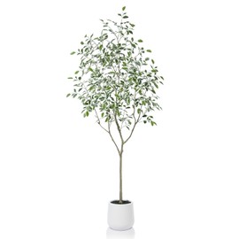 Laiwot Artificial Tree, 7ft Tall Fake Ficus Silk Plants with 9in White Planter for Indoor Use, Large Faux Ficus Tree with Realistic Leaves, Ficus Fake Tree for Office Living Room Home Decor, 1 Pack
