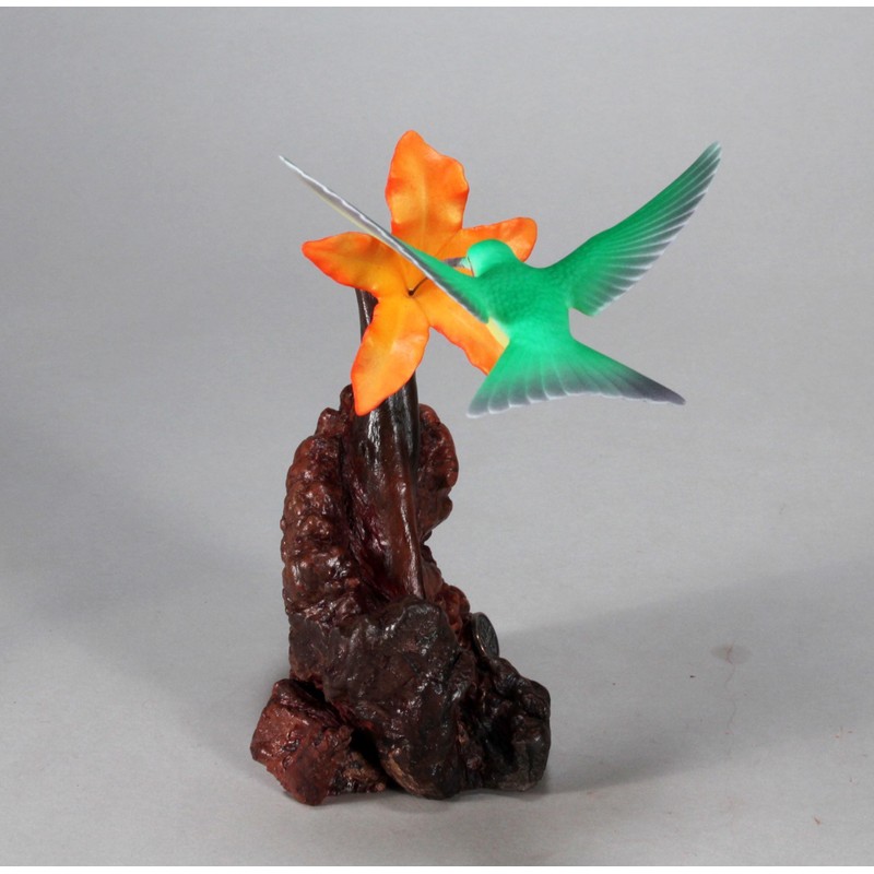 Hummingbird Sculpture w/Orange Flower by John Perry on Burl Wood