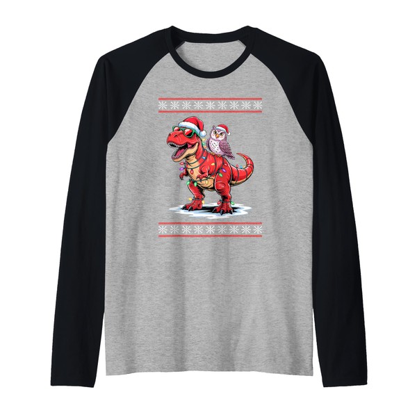 Christmas Owl T-Rex Dinosaur Tyrannosaurus Rex Owls Raglan Baseball Tee
