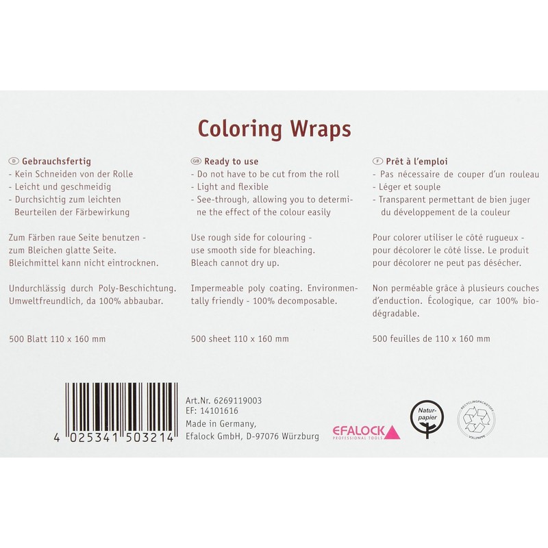 Efalock Colouring Wraps 500 Sheets, 160 mm Length x 110