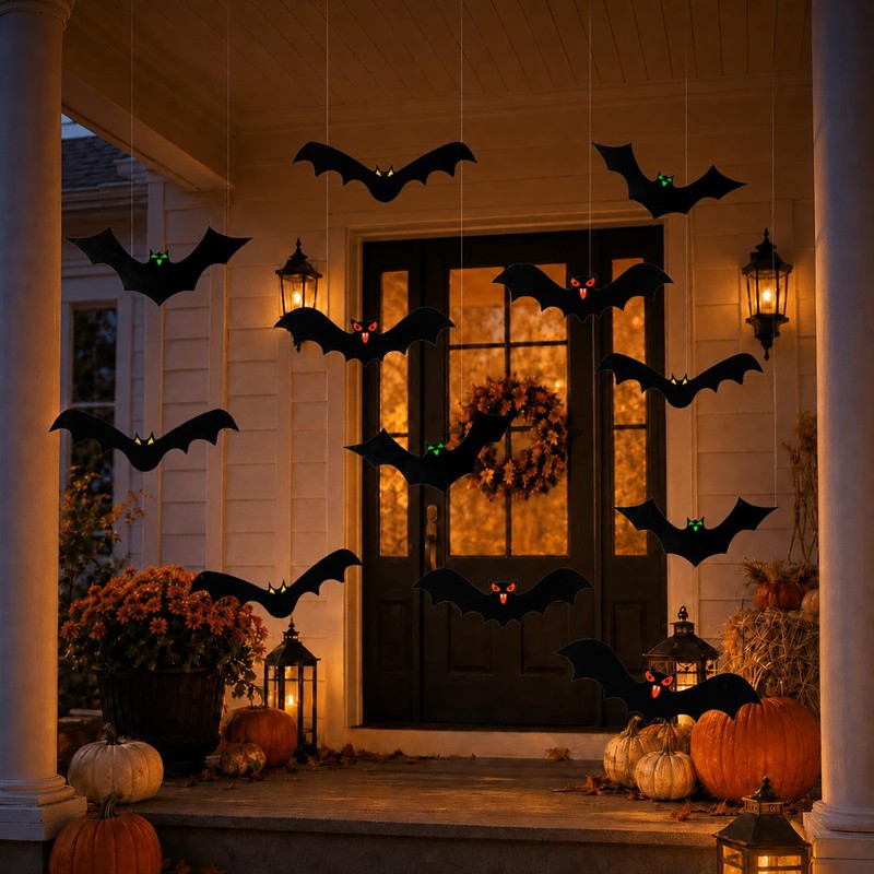 QEKIUII 12 Pack Hanging Halloween Bat Decorations, Plastic Bat Cutouts