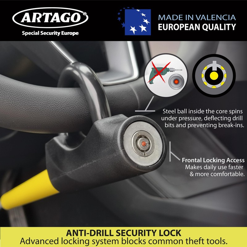Artago 871A/B Steering Wheel Brake Pedal Lock, Yellow, Key Lock,