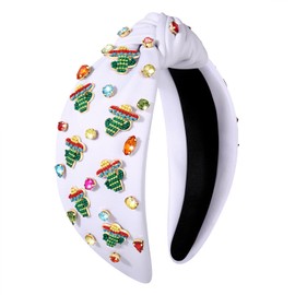 BSJELL Mexican Headband for Women Cinco De Mayo Accessories Fiesta Sombrero Chili Pepper Cactus Knotted Headband Jeweled Crystal Wide Top Knot Headband Fiesta Party Decorations