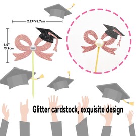 24 Pcs Gold Bow Graduation Cupcake Toppers, Grad Bow Cupcake Picks- Class of 2025 Cupcake Toppers for Graduation Party Decorations (Rose Gold)